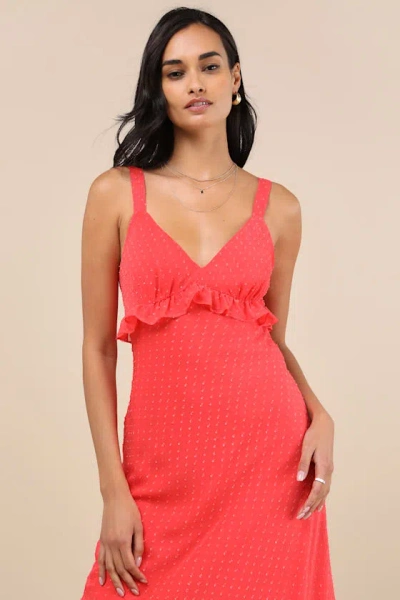 Lulus Valonia Red Orange Ruffled Clip Dot Empire Waist Midi Dress