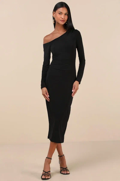 Lulus Vanel Black Slinky Knit Asymmetrical Midi Dress
