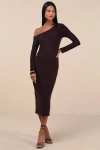 Lulus Vanel Brown Slinky Knit Asymmetrical Midi Dress In Brown