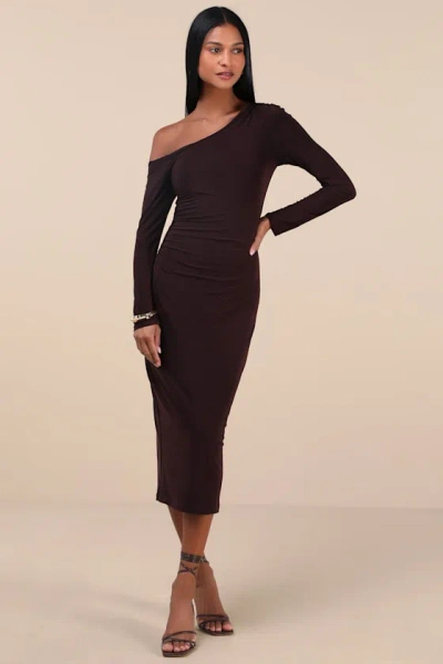 Lulus Vanel Brown Slinky Knit Asymmetrical Midi Dress