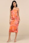 Lulus Vania Orange Abstract Mesh Ruched Strapless Midi Dress In Orange