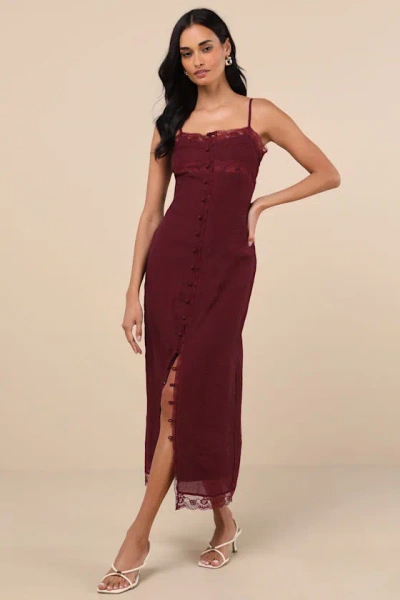 Lulus Veanna Burgundy Textured Lace Button-front Midi Dress