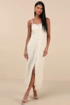 Lulus Blissful Effect White Lace Textured Lace-up Cutout Maxi Dress In White
