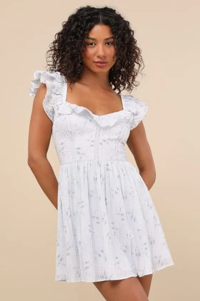 Lulus Velia Light Blue Floral Textured Flutter Sleeve Mini Dress