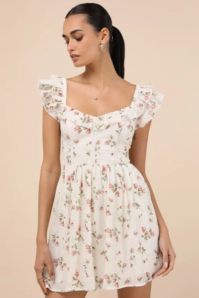 Lulus Velia White Floral Textured Flutter Sleeve Mini Dress