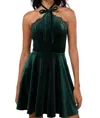 Lulus Ever So Charming Emerald Velvet Lace Halter Skater Mini Dress In Gold