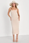 Lulus Ventura Vision Beige Crochet Lace-up Midi Dress In Beige