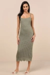 Lulus Ventura Vision Olive Green Crochet Lace-up Midi Dress In Olive Green
