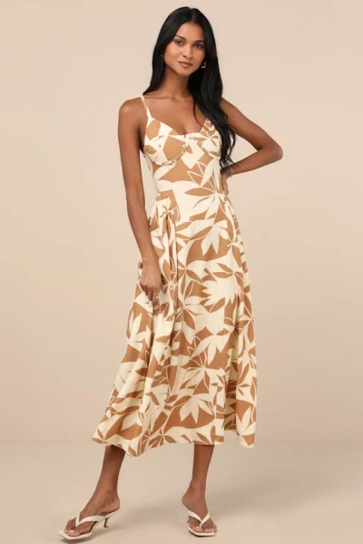 Lulus Veris Cream And Tan Floral Bustier Midi Dress