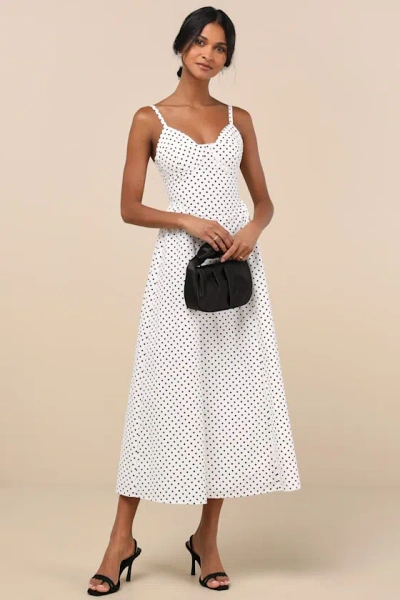 Lulus Veris White Polka Dot Bustier Midi Dress