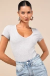 Lulus Versatile Pick Heather Grey Ribbed Knit Short Sleeve Bodysuit In Heather Grey