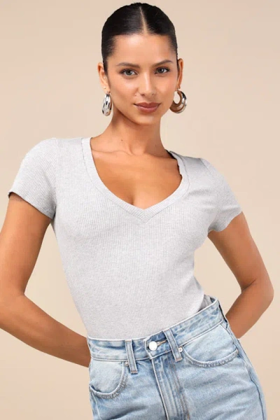 Lulus Versatile Pick Heather Grey Ribbed Knit Short Sleeve Bodysuit