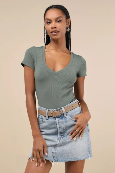 Lulus Versatile Pick Olive Green Ribbed Knit Short Sleeve Bodysuit