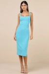 Lulus Vibrant Allure Aqua Square Neck Sleeveless Bodycon Midi Dress In Blue