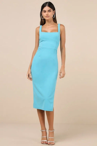 Lulus Vibrant Allure Aqua Square Neck Sleeveless Bodycon Midi Dress In Blue