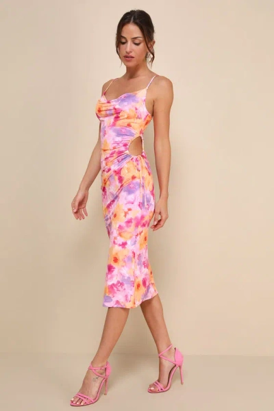 Lulus Vibrant Babe Pink Multi Floral Cutout Drawstring Midi Dress