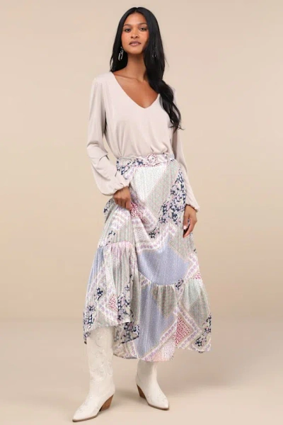 Lulus Vibrant Crush Purple Multi Scarf Print Tiered Belted Maxi Skirt