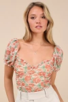Lulus Vibrant Flirt Peach Floral Mesh Puff Sleeve Ruched Bodysuit In Peach
