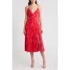 Lulus Vibrant Moment Floral Pleated Midi Cocktail Dress In Red/ Hot Pink