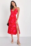 Lulus Vibrant Moment Red And Pink Floral Pleated Lace-up Midi Dress In Red And Pink