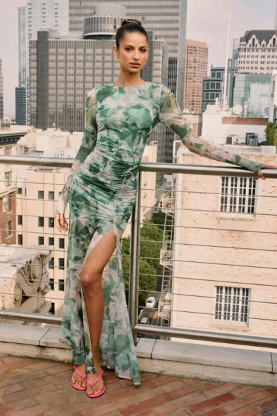 Lulus Vibrant Poise Green Floral Print Mesh Ruched Maxi Dress