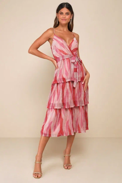 Lulus Vibrant Spirit Pink Abstract Plisse Surplice Tiered Midi Dress