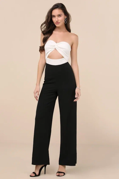 Lulus Vickie Black And White Cutout Strapless Wide-leg Jumpsuit