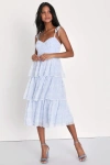 Lulus Vineyard Visit Blue Embroidered Tie-strap Tiered Midi Dress In Blue