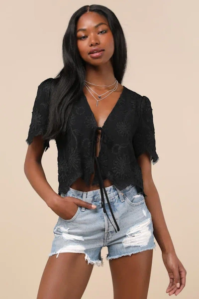 Lulus Vintage Aesthetic Black Embroidered Tie-front Fringe Hem Top