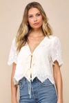 Lulus Vintage Aesthetic Ivory Embroidered Tie-front Fringe Hem Top In Ivory