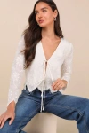 Lulus Vintage Aesthetic Ivory Embroidered Tie-front Long Sleeve Top In Ivory