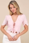 Lulus Vintage Aesthetic Pink Embroidered Tie-front Fringe Hem Top In Pink