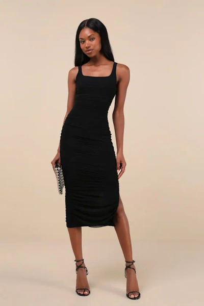 Lulus V.i.p. Treatment Black Mesh Ruched Bodycon Midi Dress