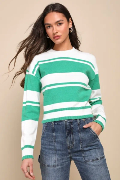 Lulus Vital Style White And Green Striped Crewneck Sweater