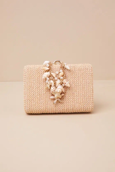 Lulus Vitalia Beige Raffia Shell Charm Box Clutch