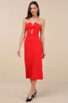 Lulus Vivacious Aesthetic Red Cutout Strapless Midi Dress In Red