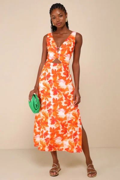 Lulus Vivacious Charm Orange Floral Cutout Lace-up A-line Midi Dress