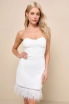 Lulus Vivacious Moment Ivory Lace Bustier Strapless Feather Mini Dress In Ivory