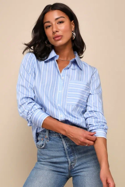 Lulus Vivacious Persona Blue And White Striped Collared Button-up Top