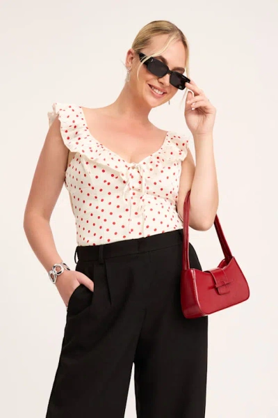 Lulus Vivi White Polka Dot Satin Ruffled Tie-back Top