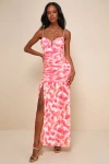 Lulus Vivid Appeal Pink Multi Print Ruched Bustier Mermaid Maxi Dress In Pink