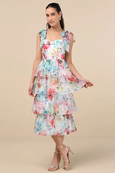 Lulus Vivid Sensation White Multi Floral Tie-strap Midi Dress