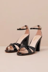 Lulus Viviey Black Patent Ankle Strap High Heel Sandals In Black