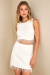 Lulus Voguish Ways White Tweed Pearl Fringe Mini Skirt In White