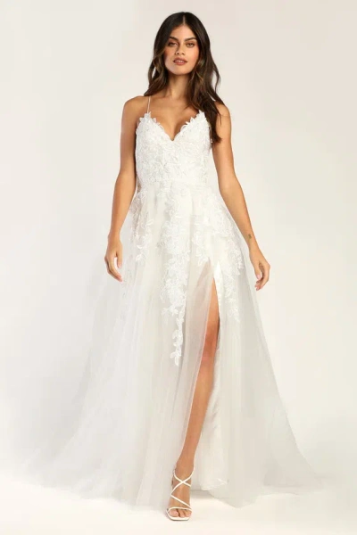 Lulus Vow To Cherish White Embroidered Lace-up Tulle Maxi Dress