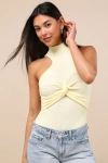 Lulus Vyla Light Yellow Textured Ribbed Twist-front Bodysuit