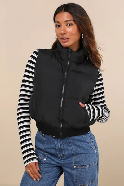 Lulus Warm Aesthetic Black Mock Neck Puffer Vest