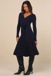 Lulus Warm Emotions Navy Blue Skater Midi Sweater Dress In Navy Blue