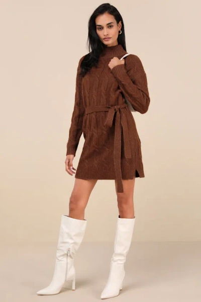 Lulus Warmed Up To You Brown Cable Knit Mock Neck Sweater Dress