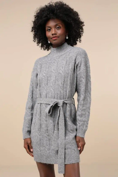 Lulus Warmed Up To You Heather Grey Cable Knit Mock Neck Sweater Dress